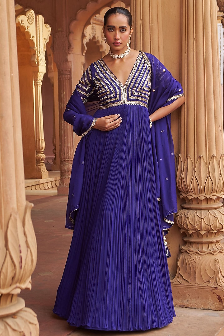 Purple Georgette & Organza Sequins Embroidered Wedding Anarkali Set by Nidhika Shekhar at Pernia's Pop Up Shop