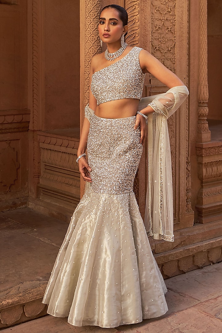 Silver Tissue Sequins Embroidered Fish-Cut Wedding Lehenga Set by Nidhika Shekhar at Pernia's Pop Up Shop