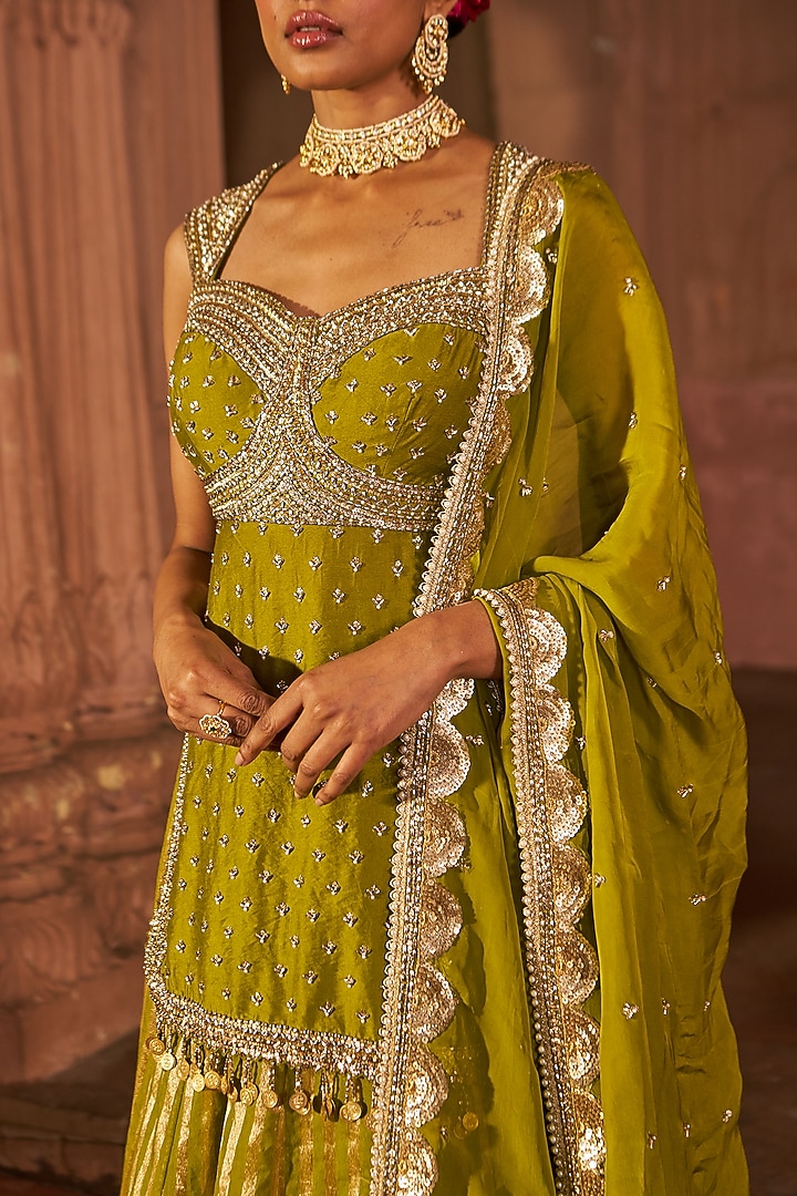 Mehendi Green Chanderi Sequins Embroidered Kurta Set by Nidhika Shekhar at Pernia's Pop Up Shop