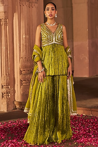 Mehendi Green Crinkle Sharara Set by Nidhika Shekhar