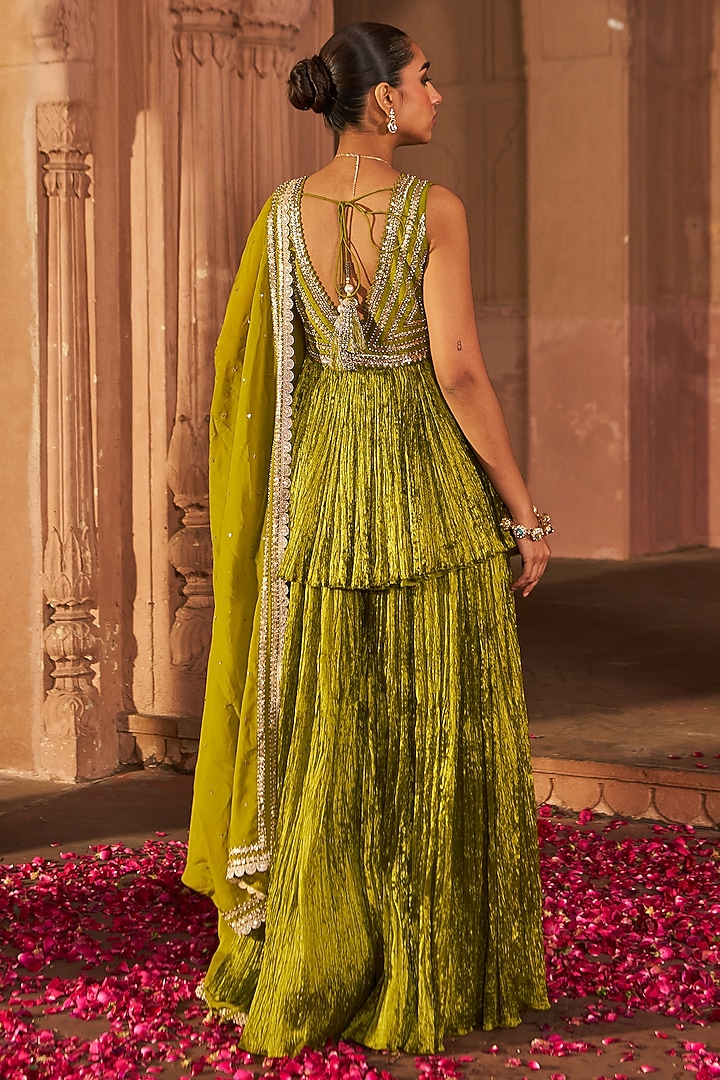 Mehendi Green Crinkle Wedding Sharara Set by Nidhika Shekhar at Pernia's Pop Up Shop