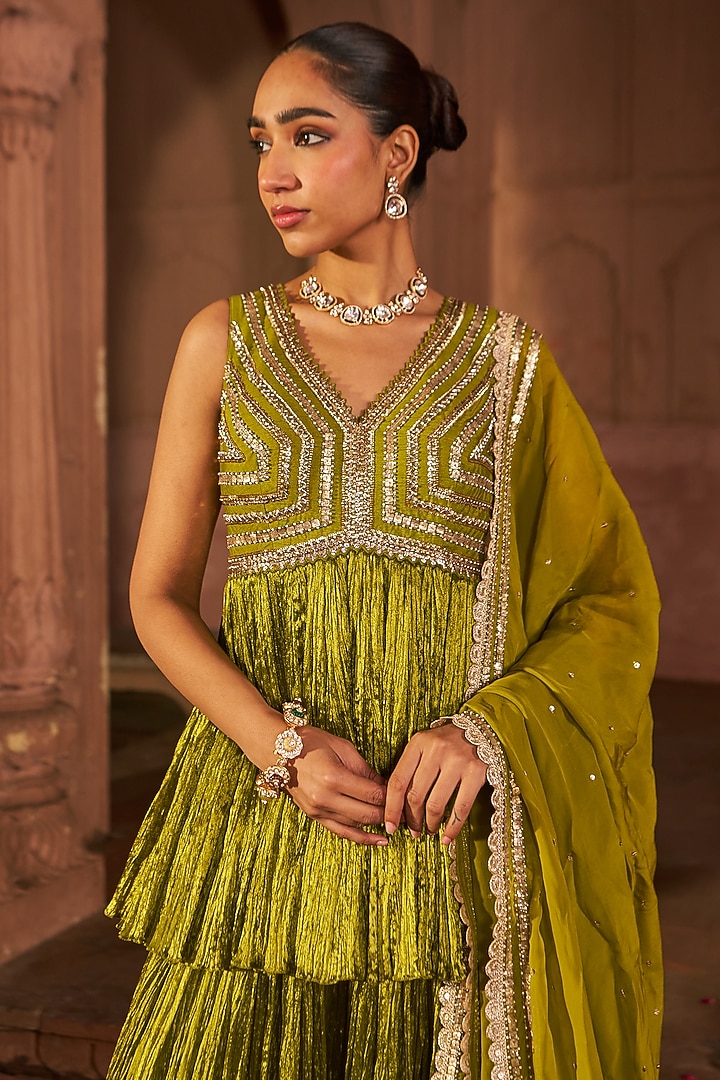 Mehendi Green Crinkle Wedding Sharara Set by Nidhika Shekhar at Pernia's Pop Up Shop
