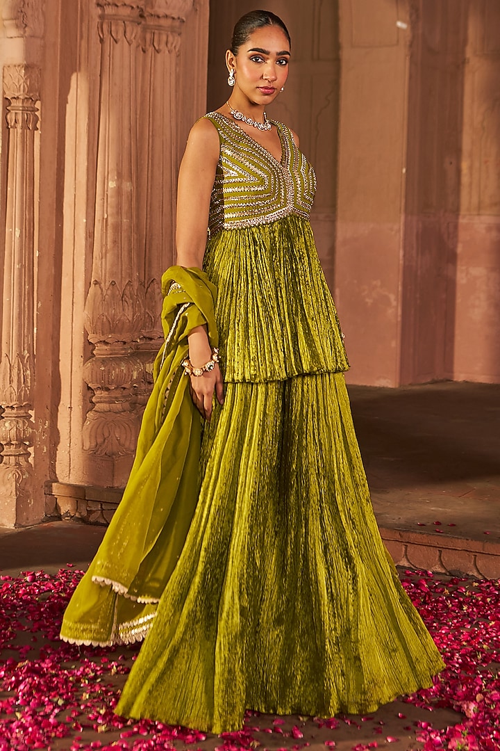 Mehendi Green Crinkle Wedding Sharara Set by Nidhika Shekhar at Pernia's Pop Up Shop