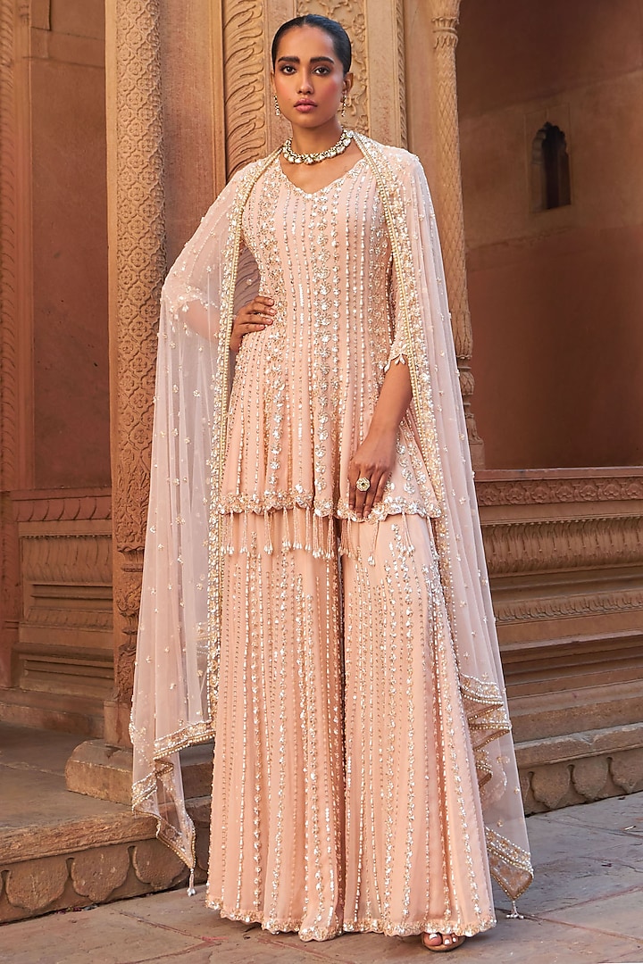 Pink Georgette Embroidered Sharara Set by Nidhika Shekhar at Pernia's Pop Up Shop