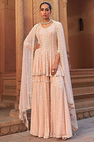 Pink Georgette Embroidered Sharara Set by Nidhika Shekhar