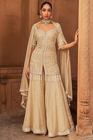 Golden Organza & Net Embroidered Sharara Set by Nidhika Shekhar