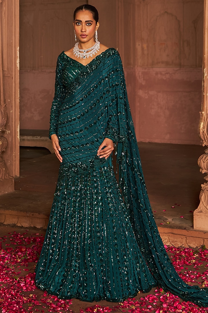 Bottle Green Crepe & Silk Embroidered Lehenga Saree Set by Nidhika Shekhar at Pernia's Pop Up Shop