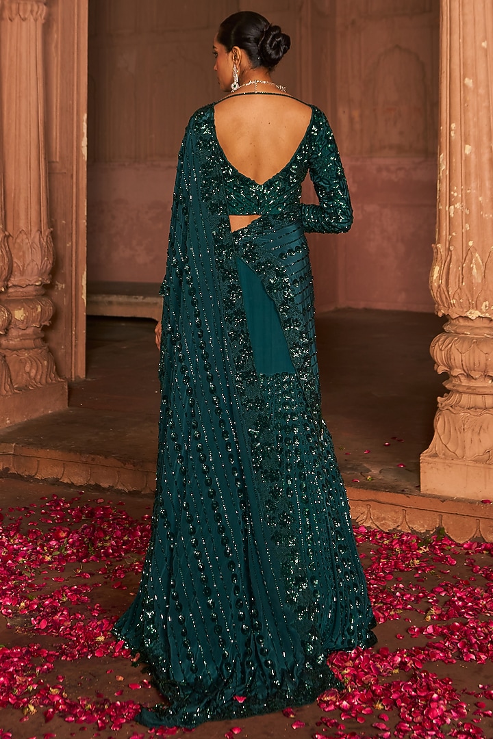 Bottle Green Crepe & Silk Embroidered Reception Lehenga Saree Set by Nidhika Shekhar at Pernia's Pop Up Shop