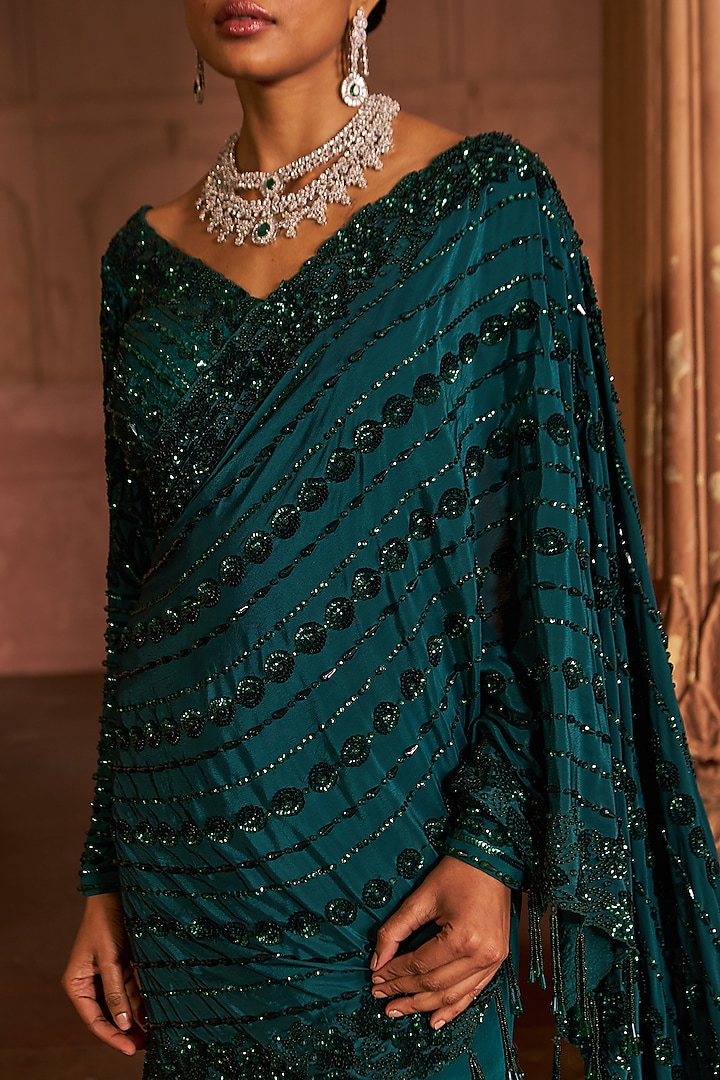 Bottle Green Crepe & Silk Embroidered Reception Lehenga Saree Set by Nidhika Shekhar at Pernia's Pop Up Shop