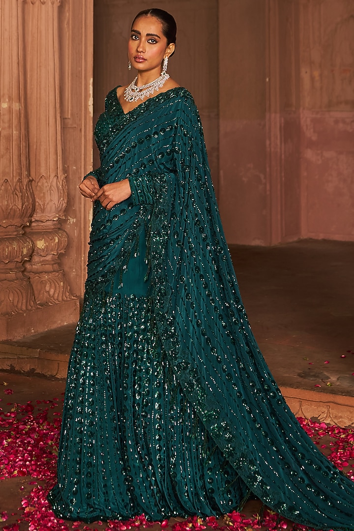 Bottle Green Crepe & Silk Embroidered Reception Lehenga Saree Set by Nidhika Shekhar at Pernia's Pop Up Shop