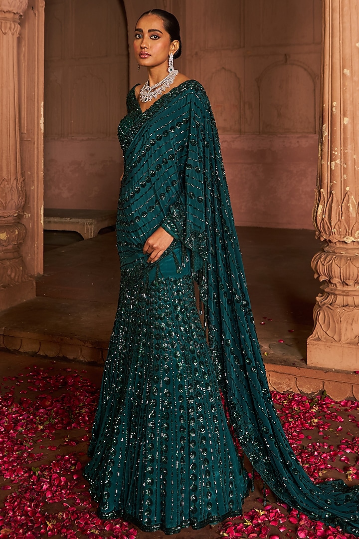 Bottle Green Crepe & Silk Embroidered Reception Lehenga Saree Set by Nidhika Shekhar at Pernia's Pop Up Shop