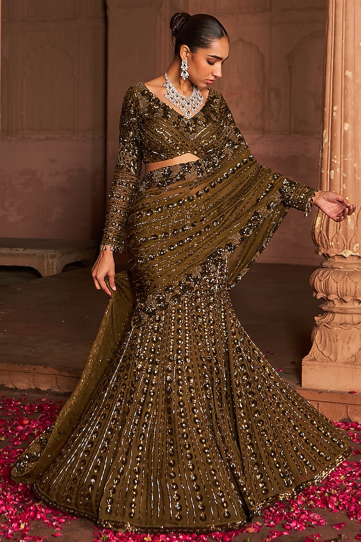 Copper Organza Sequins Embroidered Lehenga Saree Set by Nidhika Shekhar at Pernia's Pop Up Shop