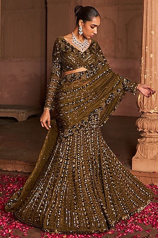 Copper Organza Sequins Embroidered Lehenga Saree Set by Nidhika Shekhar