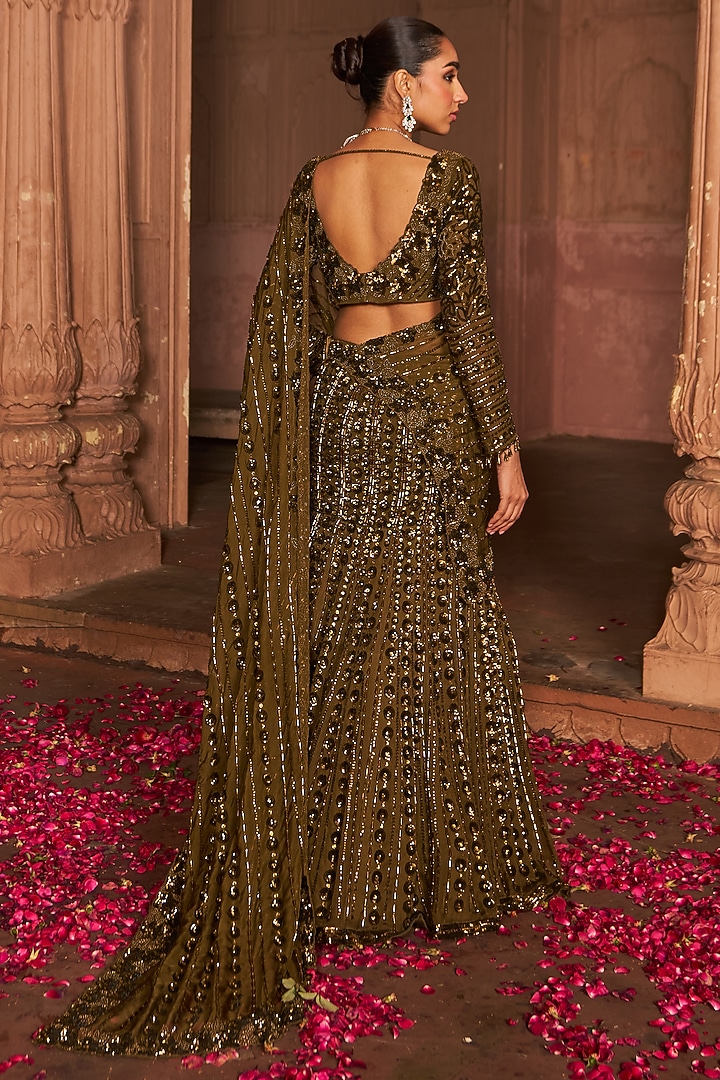 Copper Organza Sequins Embroidered Reception Lehenga Saree Set by Nidhika Shekhar at Pernia's Pop Up Shop