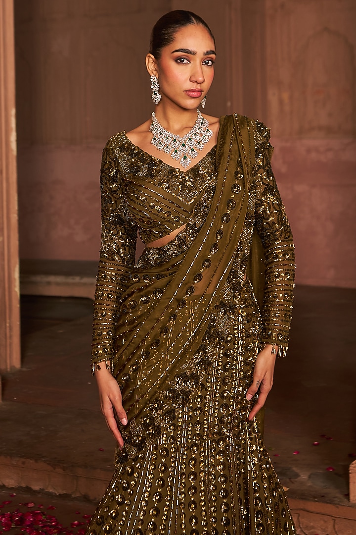 Copper Organza Sequins Embroidered Reception Lehenga Saree Set by Nidhika Shekhar at Pernia's Pop Up Shop