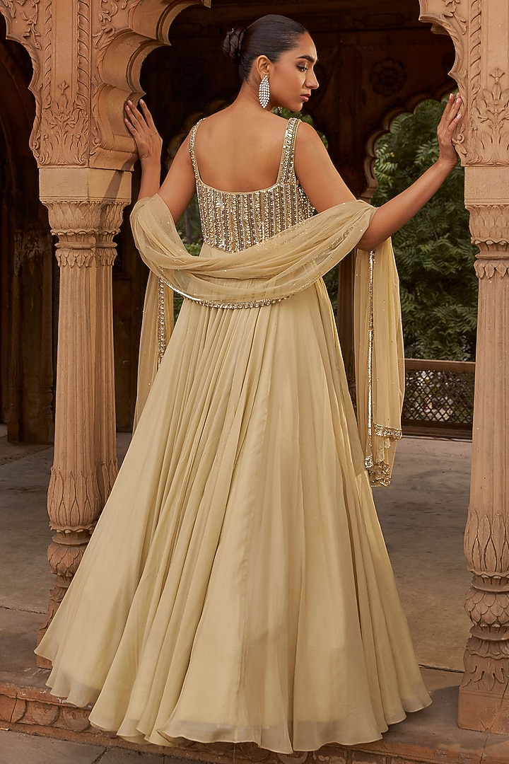 Golden Net & Organza Embroidered Corset Engagement Gown With Dupatta by Nidhika Shekhar at Pernia's Pop Up Shop