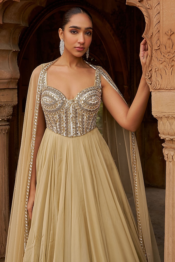 Golden Net & Organza Embroidered Corset Engagement Gown With Dupatta by Nidhika Shekhar at Pernia's Pop Up Shop