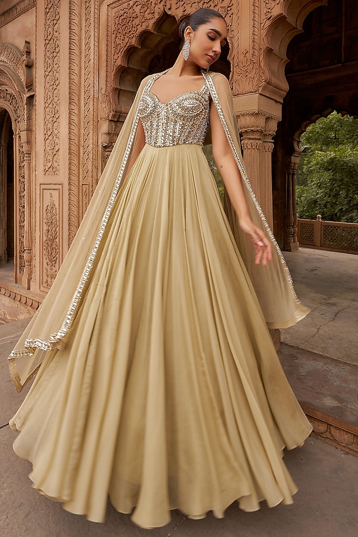Golden Net & Organza Embroidered Corset Engagement Gown With Dupatta by Nidhika Shekhar at Pernia's Pop Up Shop