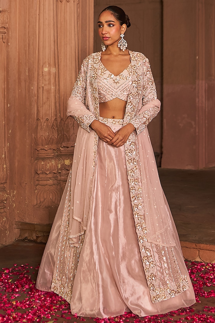 Blush Pink Tissue Embroidered Jacket Wedding Lehenga Set by Nidhika Shekhar at Pernia's Pop Up Shop