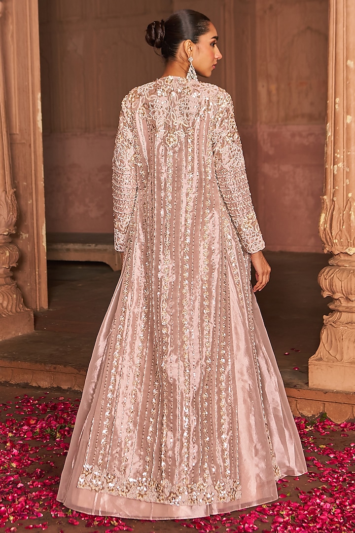 Blush Pink Tissue Embroidered Jacket Wedding Lehenga Set by Nidhika Shekhar at Pernia's Pop Up Shop