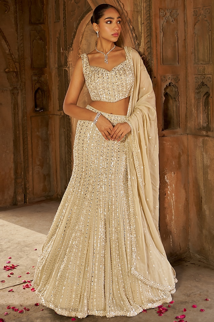 Golden Georgette Sequins Embroidered Fish-Cut Wedding Lehenga Set by Nidhika Shekhar at Pernia's Pop Up Shop