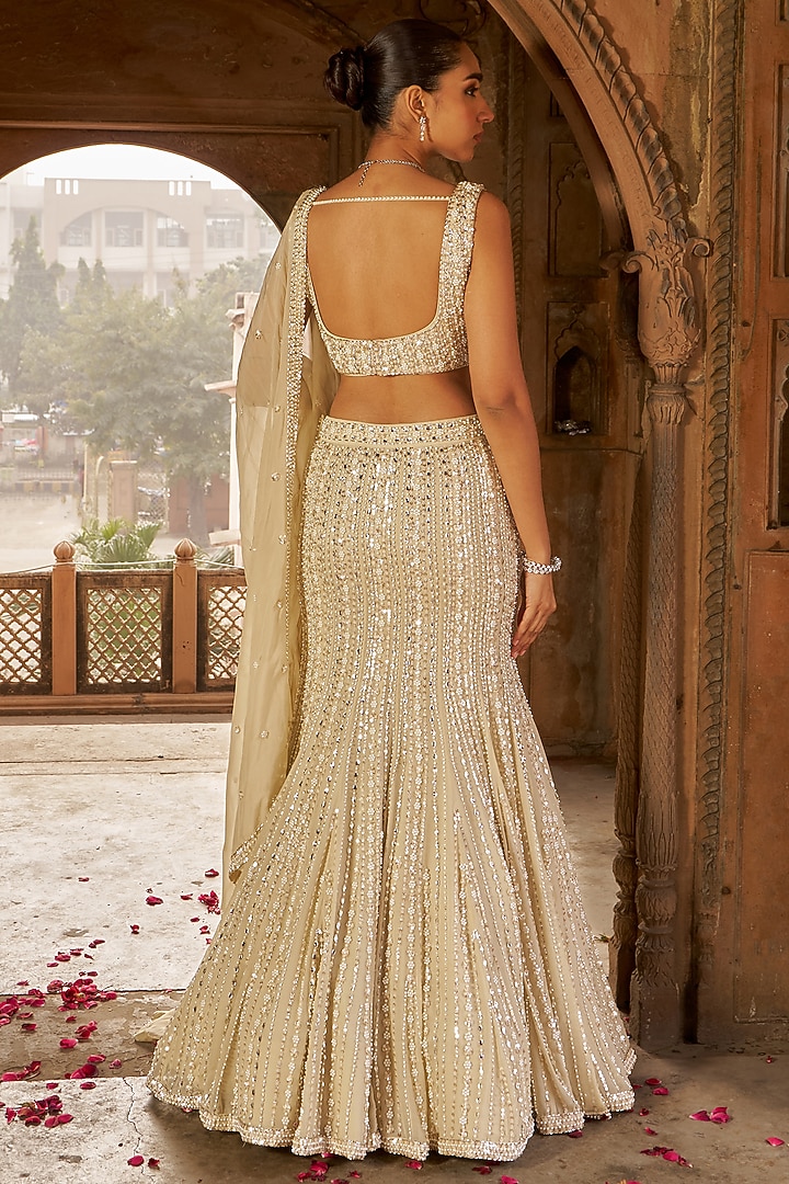 Golden Georgette Sequins Embroidered Fish-Cut Wedding Lehenga Set by Nidhika Shekhar at Pernia's Pop Up Shop
