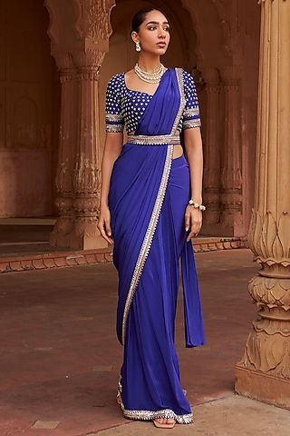 Purple Crepe & Silk Sequins Embroidered Saree Set by Nidhika Shekhar