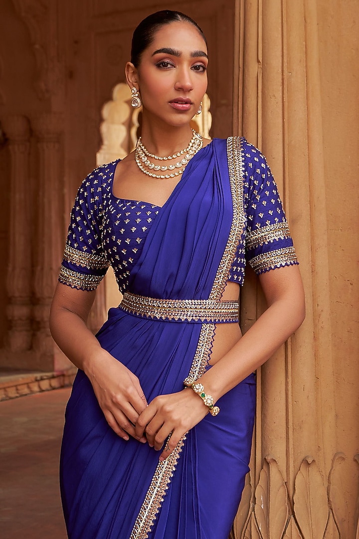 Purple Crepe & Silk Sequins Embroidered Wedding Saree Set by Nidhika Shekhar at Pernia's Pop Up Shop