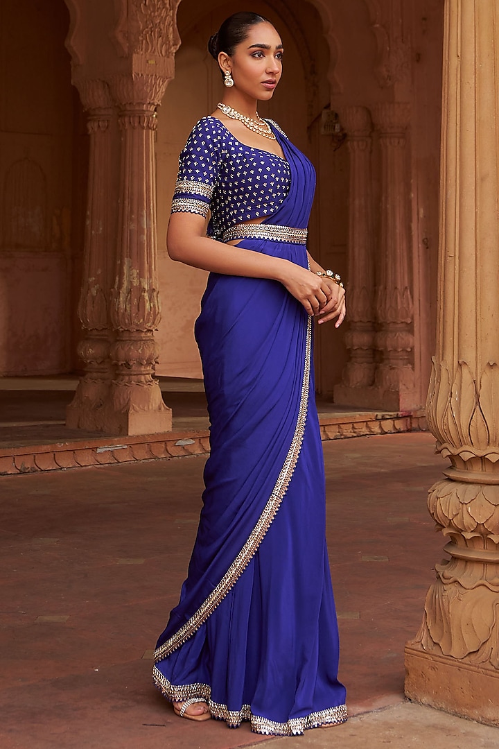 Purple Crepe & Silk Sequins Embroidered Wedding Saree Set by Nidhika Shekhar at Pernia's Pop Up Shop