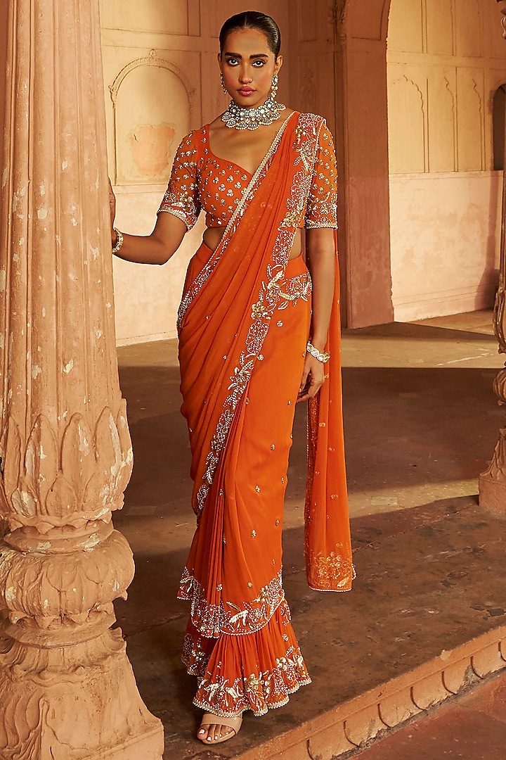 Rust Georgette Sequins Embroidered Saree Set by Nidhika Shekhar at Pernia's Pop Up Shop