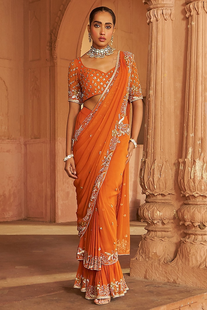 Rust Georgette Sequins Embroidered Wedding Saree Set by Nidhika Shekhar at Pernia's Pop Up Shop