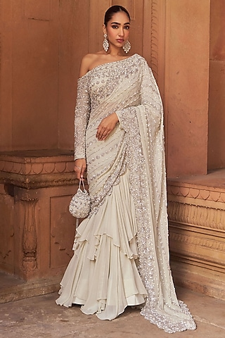 Silver Foil Georgette Embroidered Saree Set by Nidhika Shekhar