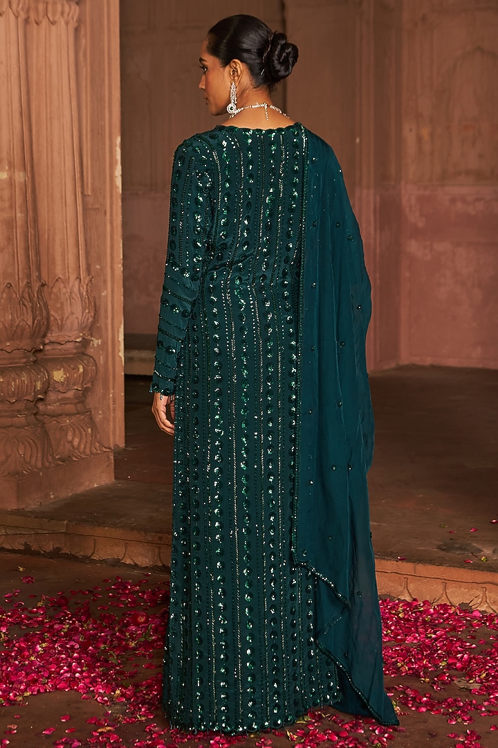 Bottle Green Crepe Sequins Embroidered Kurta Set by Nidhika Shekhar at Pernia's Pop Up Shop