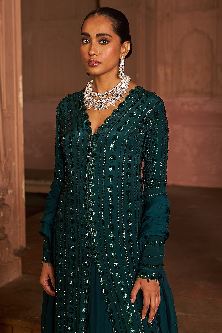 Bottle Green Crepe Sequins Embroidered Kurta Set by Nidhika Shekhar at Pernia's Pop Up Shop