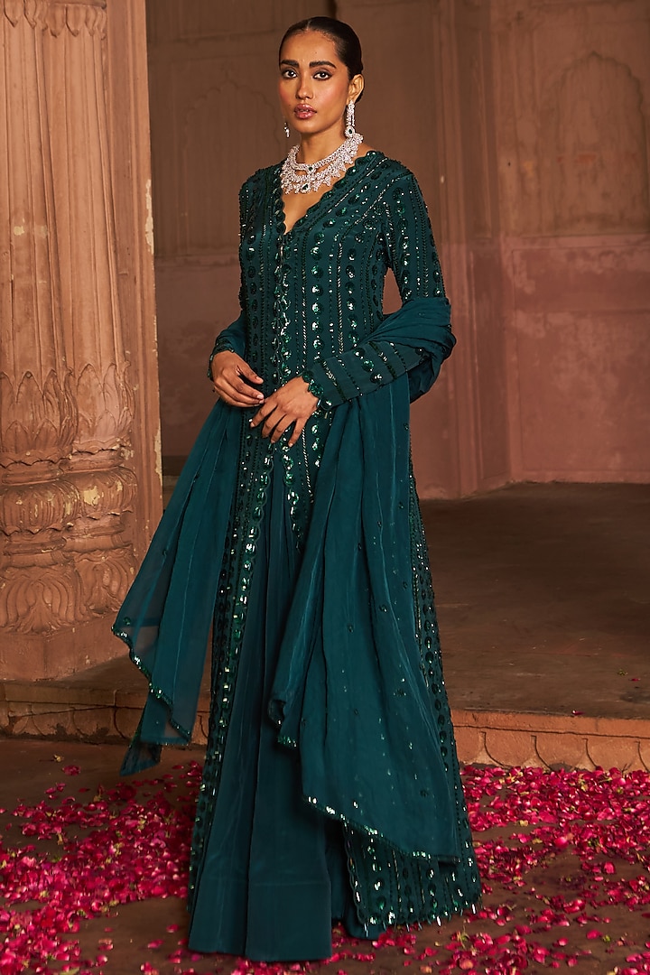 Bottle Green Crepe Sequins Embroidered Kurta Set by Nidhika Shekhar at Pernia's Pop Up Shop