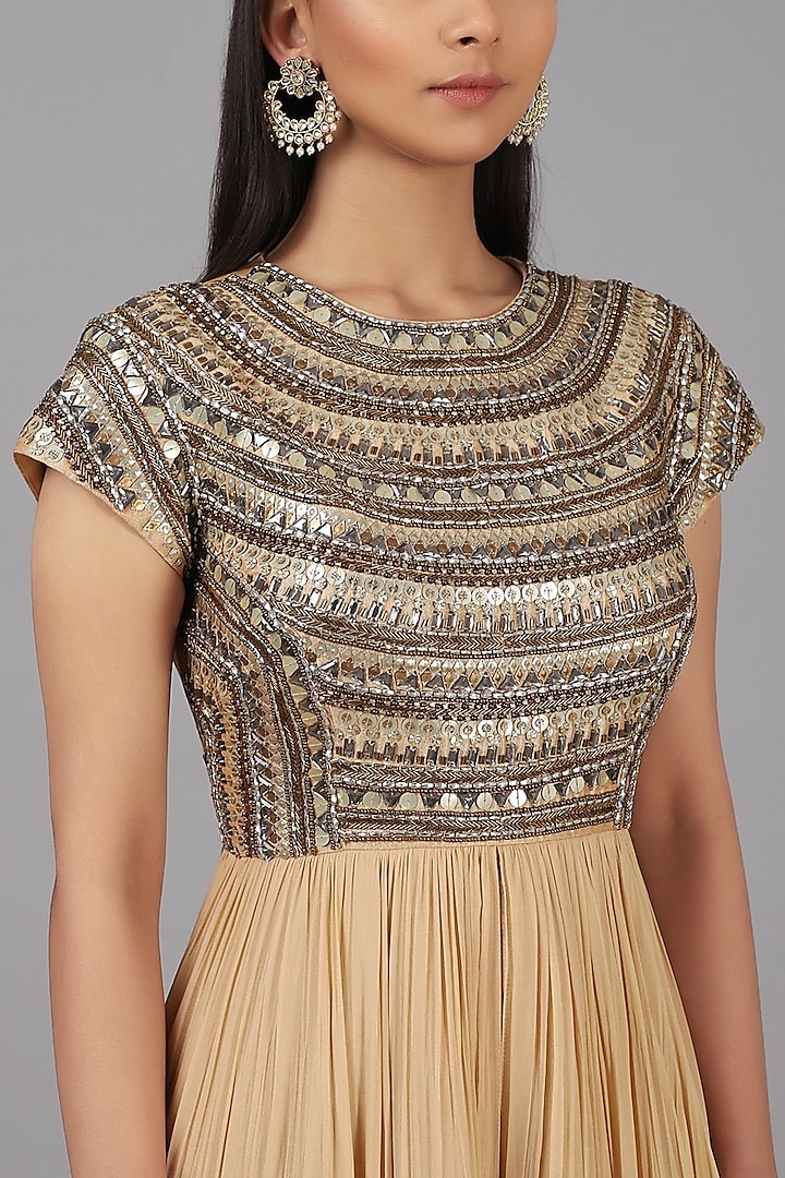 Beige Hand Embroidered Engagement Gown by Nidhika Shekhar at Pernia's Pop Up Shop