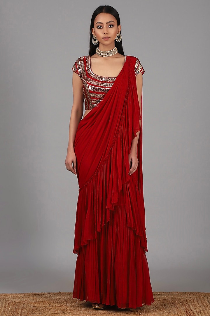 Red Embroidered Pre Stitched Saree Set by Nidhika Shekhar