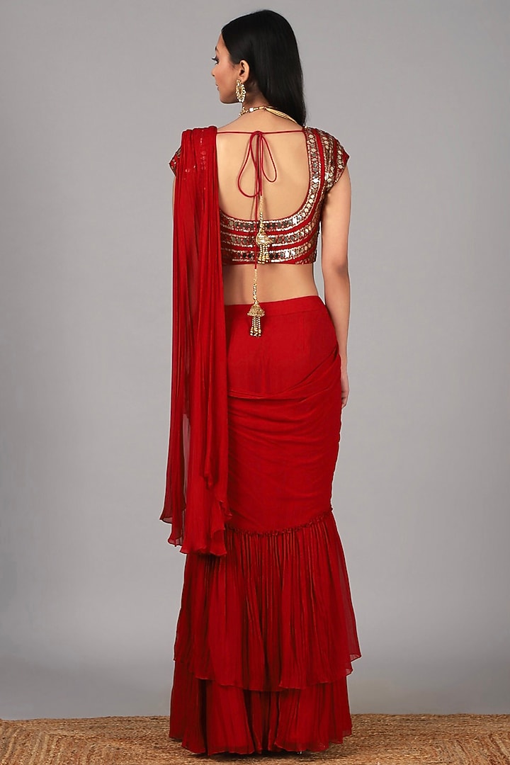Red Embroidered Pre Stitched Wedding Saree Set by Nidhika Shekhar at Pernia's Pop Up Shop