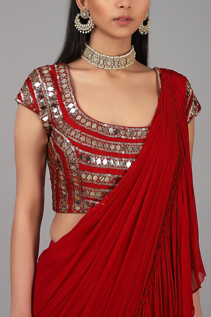 Red Embroidered Pre Stitched Wedding Saree Set by Nidhika Shekhar at Pernia's Pop Up Shop