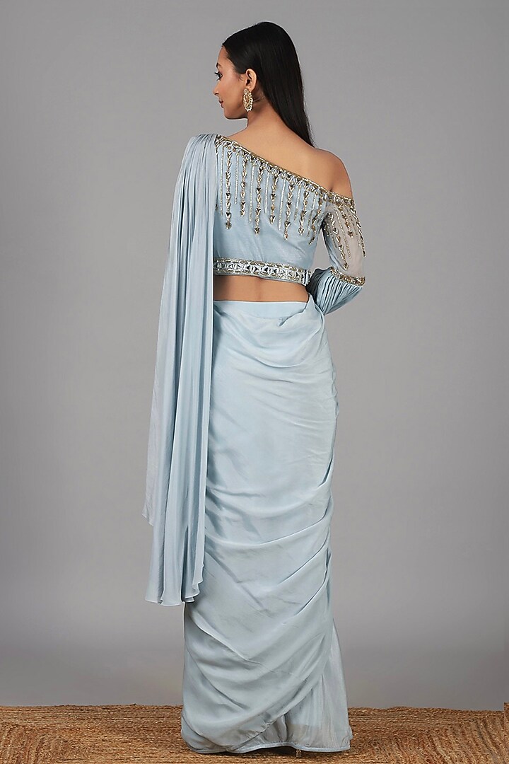 Dusky Aqua Crepe Silk & Net Pre-Draped Party Wear Saree Set by Nidhika Shekhar at Pernia's Pop Up Shop