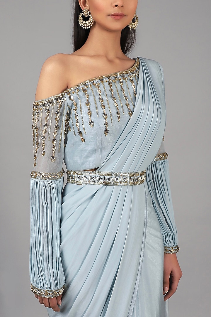 Dusky Aqua Crepe Silk & Net Pre-Draped Party Wear Saree Set by Nidhika Shekhar at Pernia's Pop Up Shop