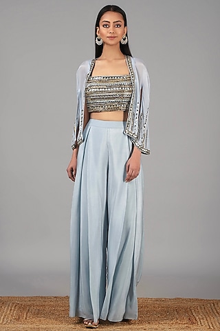 Dusky Aqua Embellished Cape Set by Nidhika Shekhar