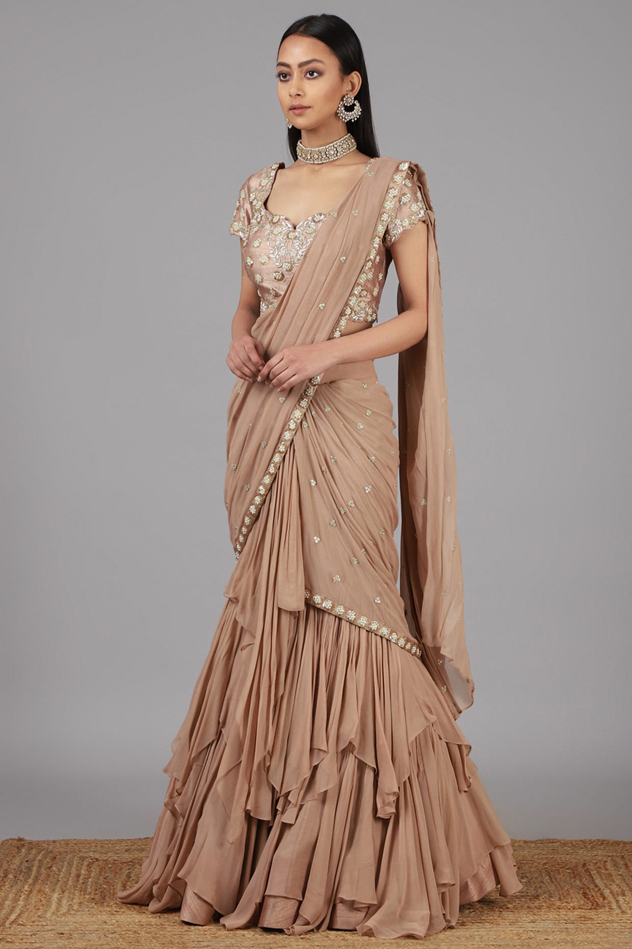 Buy Ivory Three Layered Pre-Stitched Saree with Blouse by PAULMI & HARSH at  Ogaan Online Shopping Site