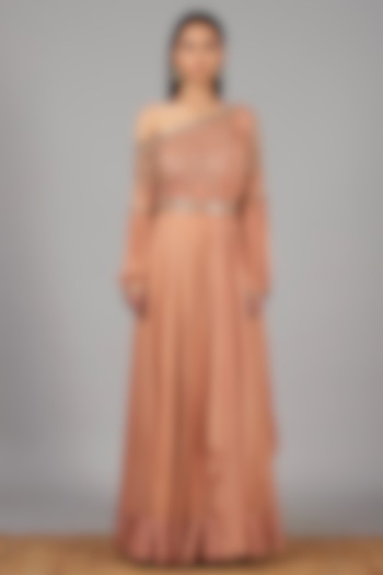 Peach Embroidered Anarkali With Belt by Nidhika Shekhar