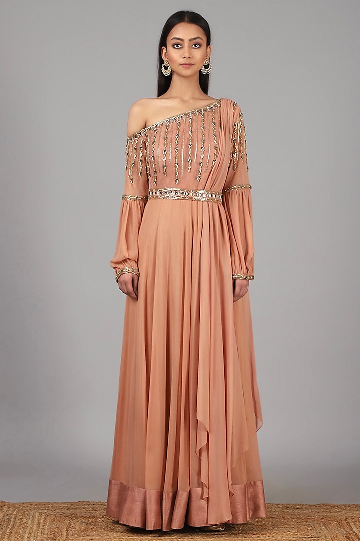 Peach Embroidered Anarkali With Belt by Nidhika Shekhar