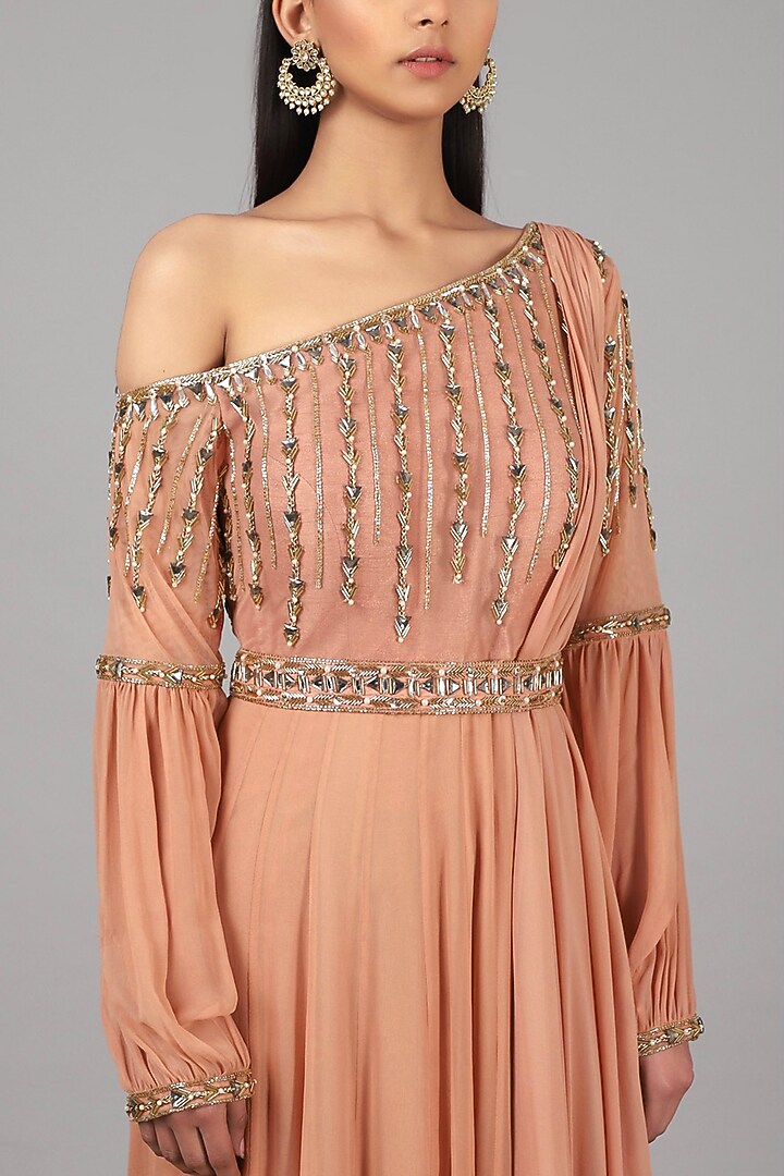 Peach Embroidered Wedding Anarkali With Belt by Nidhika Shekhar at Pernia's Pop Up Shop