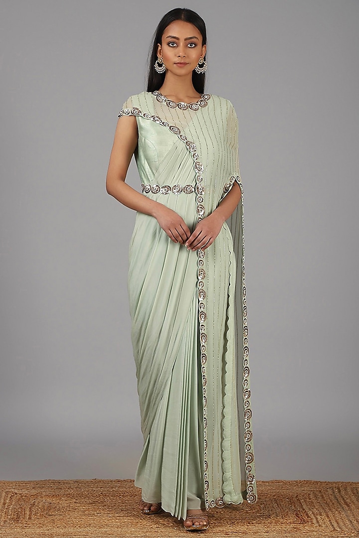 Muted Green Embroidered Saree Gown Set by Nidhika Shekhar