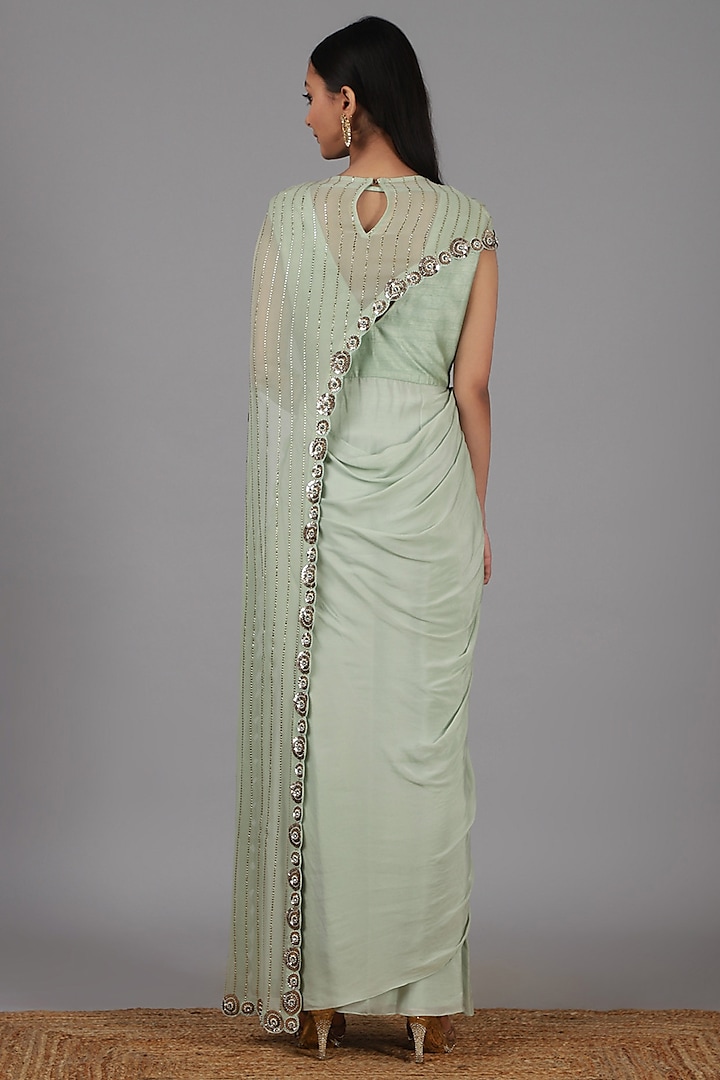 Muted Green Embroidered Party Wear Saree Gown Set by Nidhika Shekhar at Pernia's Pop Up Shop