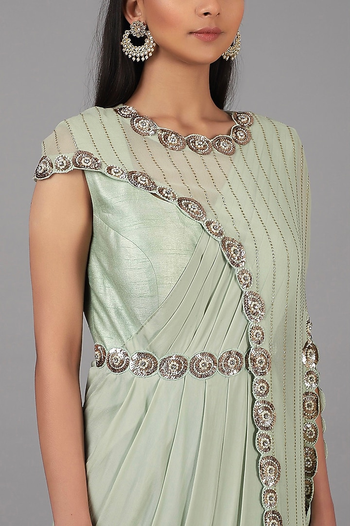 Muted Green Embroidered Party Wear Saree Gown Set by Nidhika Shekhar at Pernia's Pop Up Shop