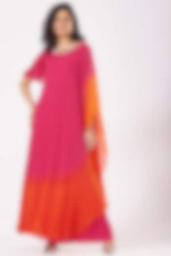 Fuchsia & Orange Ombre Embroidered Draped Gown by Nidhika Shekhar at Pernia's Pop Up Shop